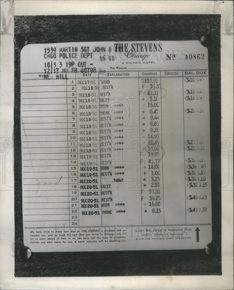 1951 Leonard Monaco John & The Stevens A Hilton Hotel Amount Due - Historic Images