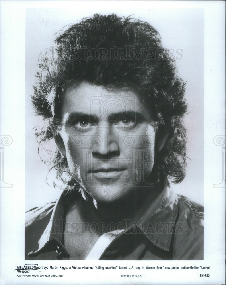 1987 Press Photo Mel Gibson Martin Riggs Lethal Weapon Actor - Historic Images