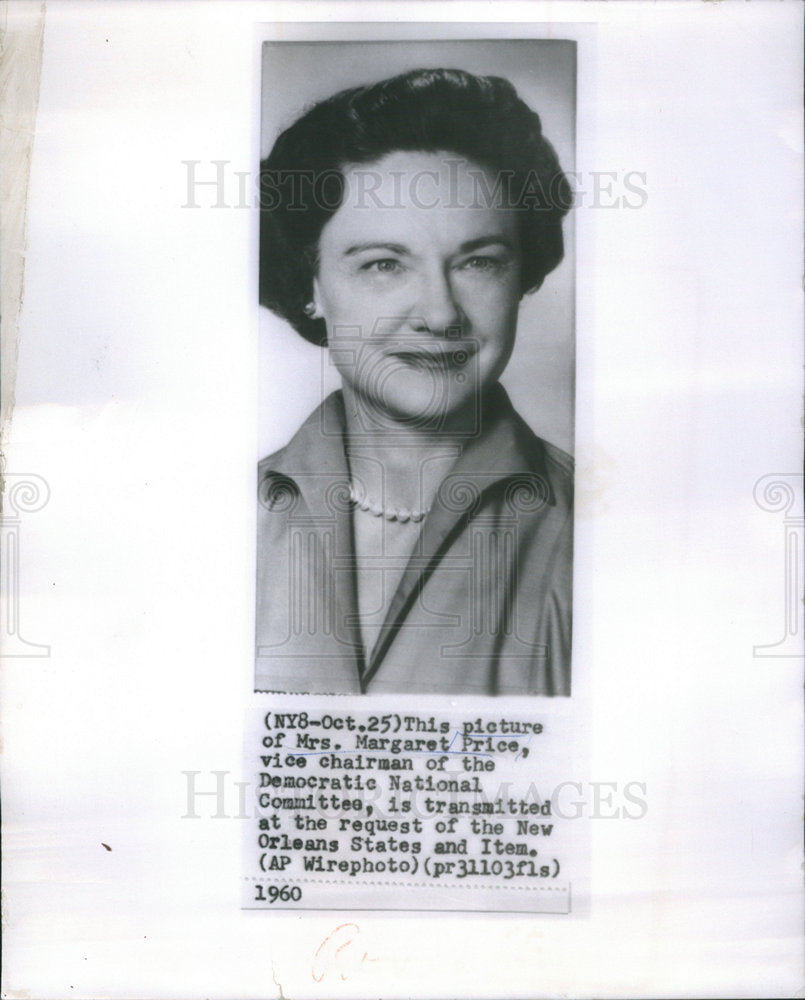 1960 Press Photo Mrs Margaret Price Democratic National Committee Chairman - Historic Images