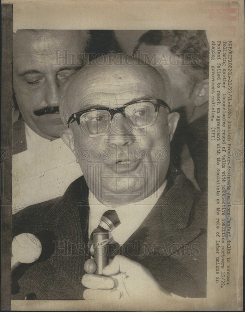 1974 Italian Premier-designate Amintore Fanfani - Historic Images
