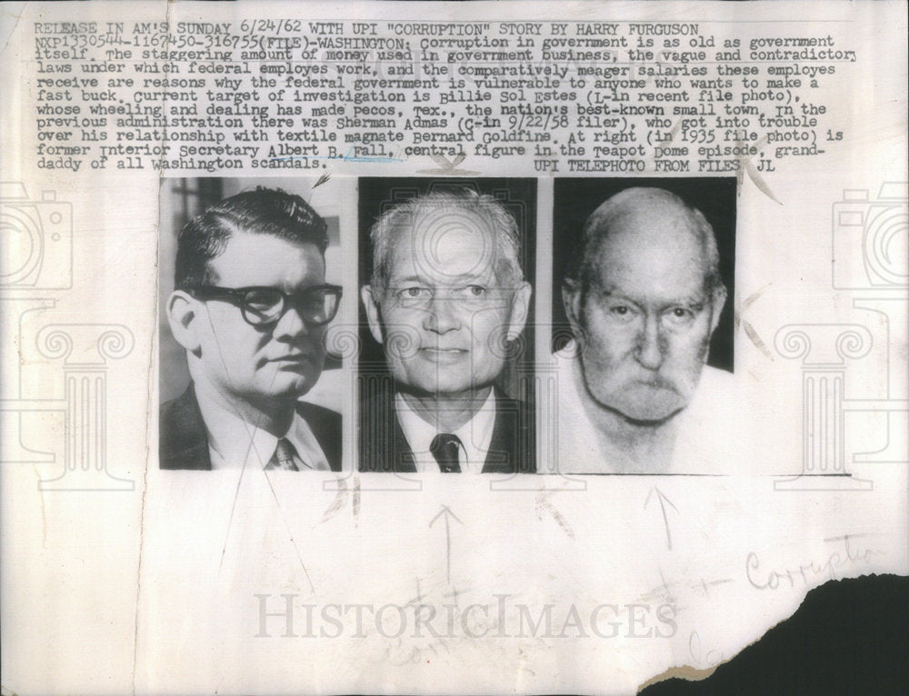 1962 Billie Sol Ester Sherman Adams Sec Albert Fall Govt Corruption - Historic Images