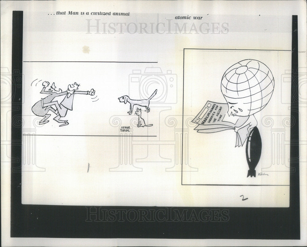 1956 Political Cartoon Atomic War Concerns Men Fighting - Historic Images