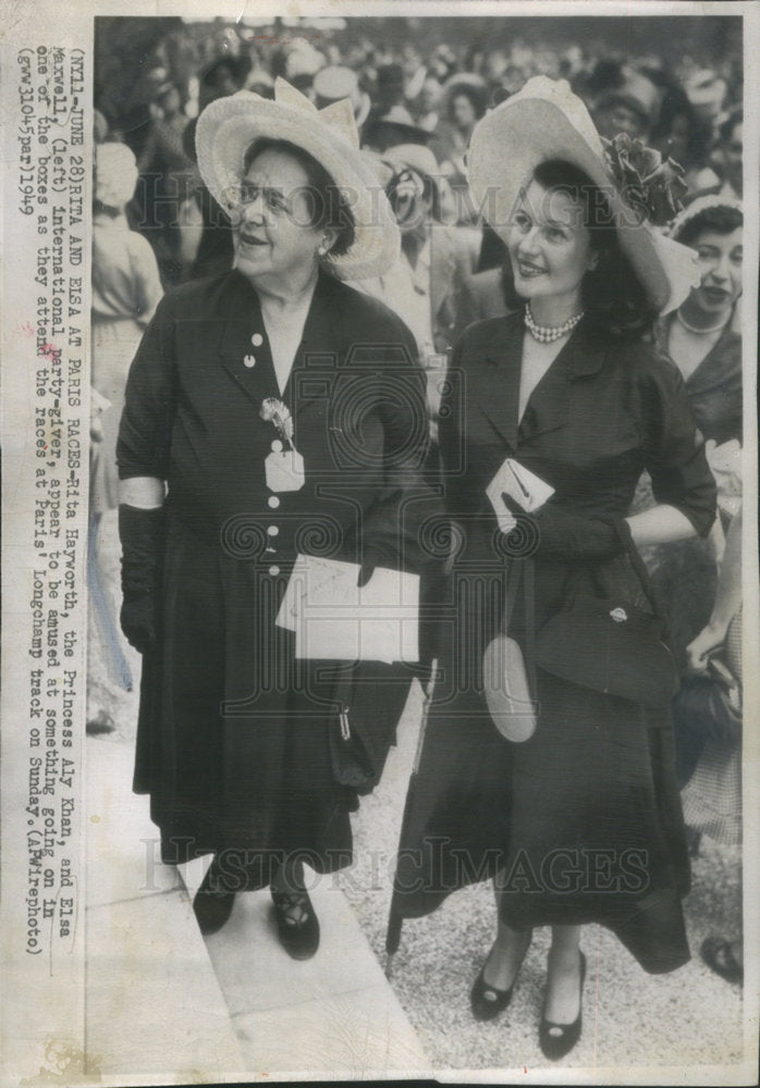 1949 Press Photo Hayworth Aly Khan Maxwell Attend Races At Paris Longchamp Track - Historic Images