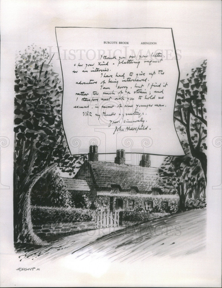 Press Photo Poet Masefield Interview Letter Drawing Oxfordshire Cottage - Historic Images