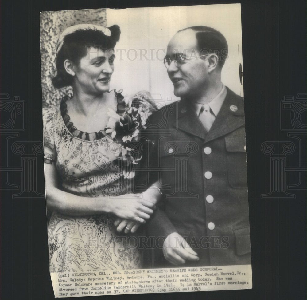 1943 Press Photo Gladys Hopkins Whitney Corp. Josiah Marvel Jr Wedding - Historic Images