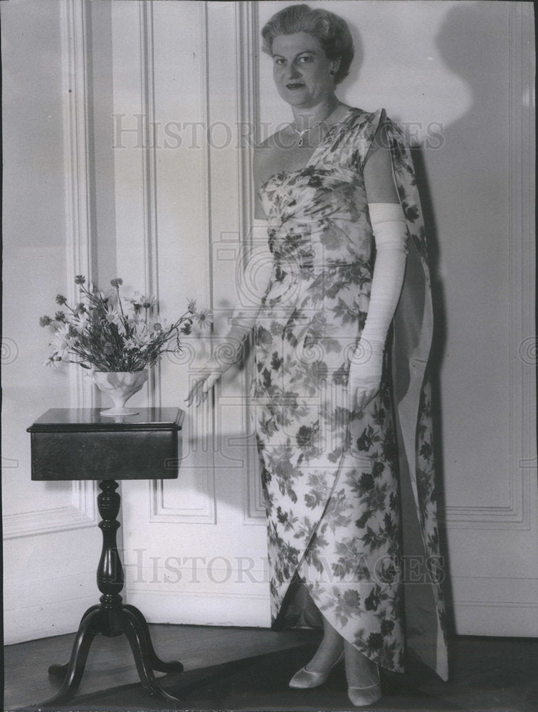 1959 British Consul General Wife Mason Wearing Floral Taffeta Gown - Historic Images