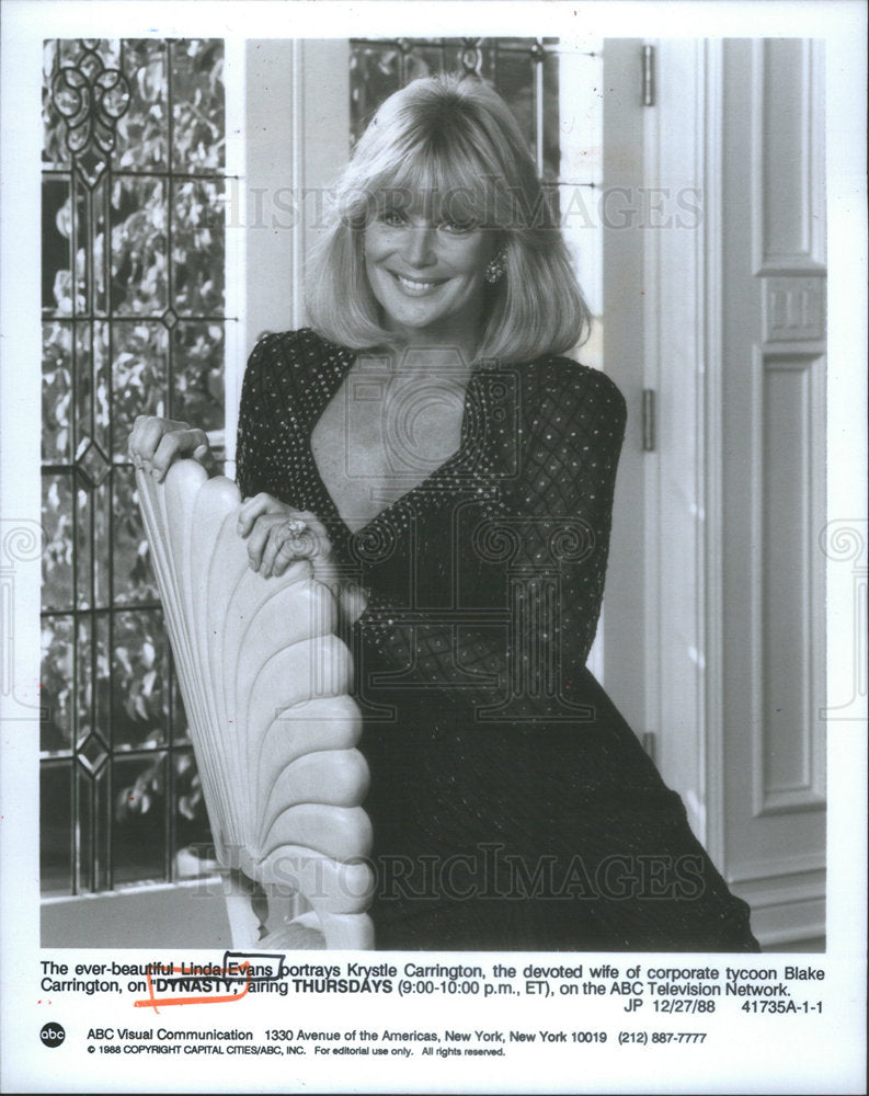 1988 Press Photo Linda Evans Portrays Krystle Carrington On Dynasty - Historic Images