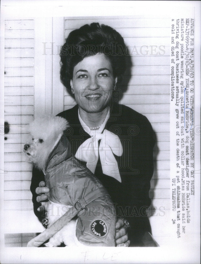 1963 Press Photo Dog Coat Designer, Annetta McBride with Poodle in her design - Historic Images