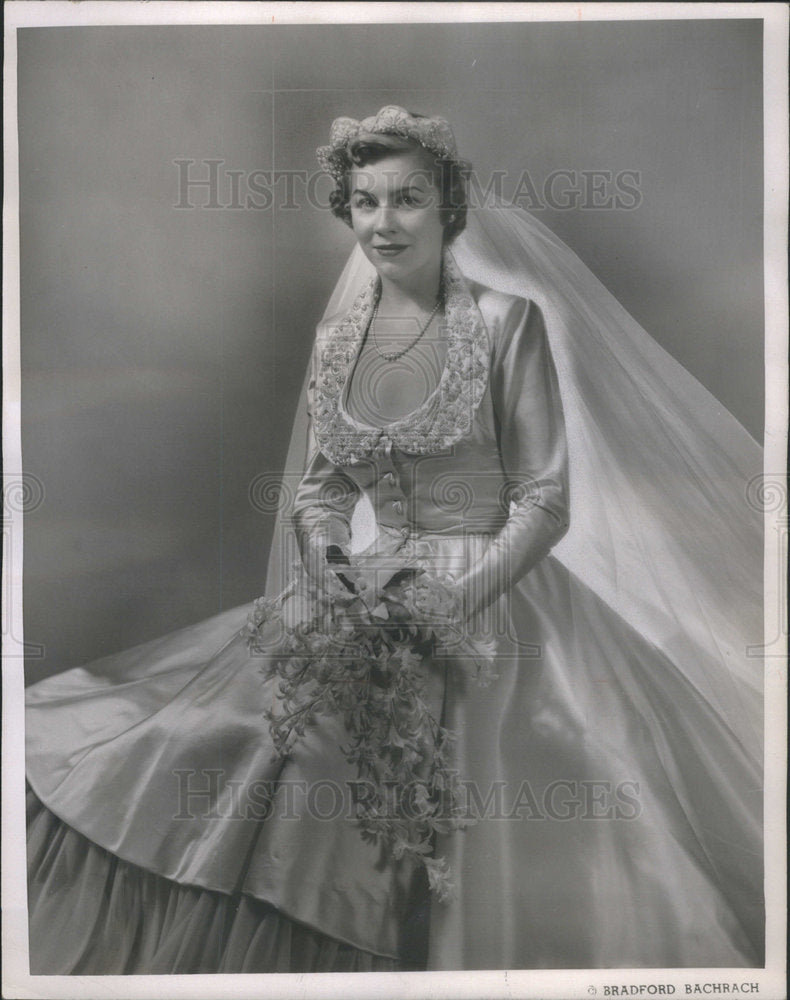 1950 Press Photo John J McAllister wears Molyneaux gown antique silk satin - Historic Images