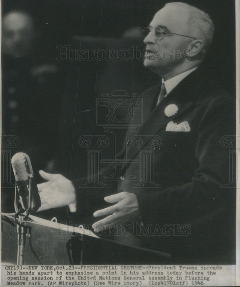 1946 President Truman addressing the United Nations in New York - Historic Images