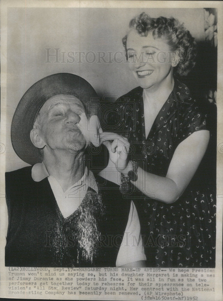 1952 President Truman daughter Margaret mess Jimmy Durante face - Historic Images