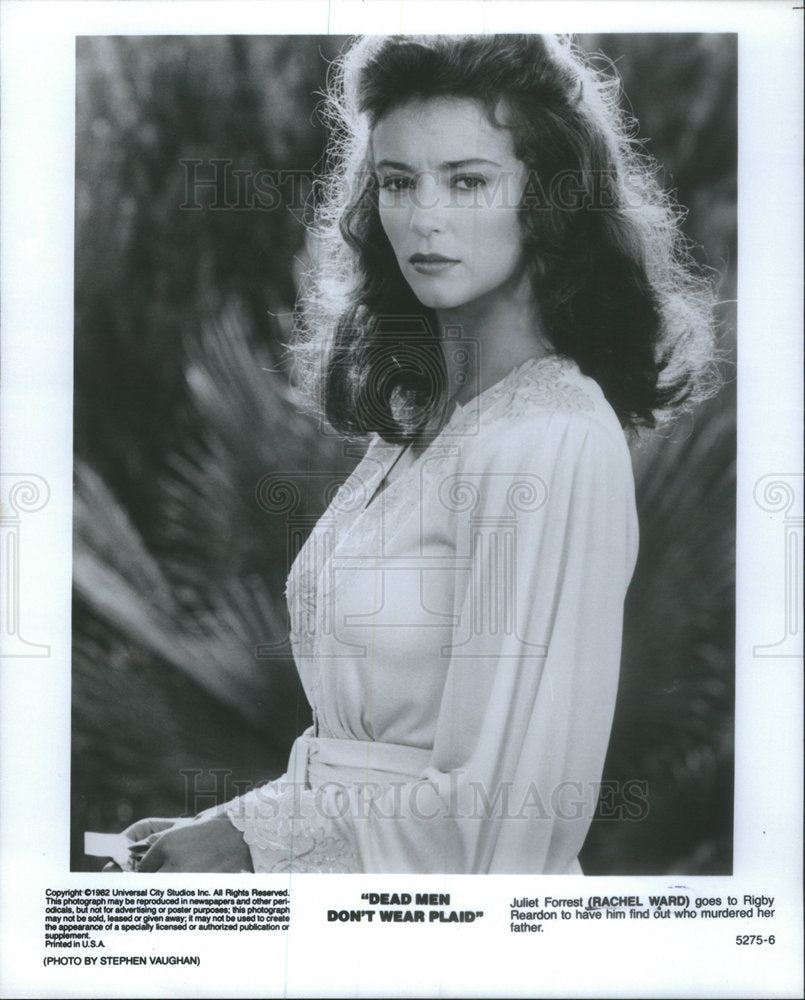 1982 Press Photo Dead Men Dont Wear Plaid Film Actress Ward Wearing White Dress - Historic Images