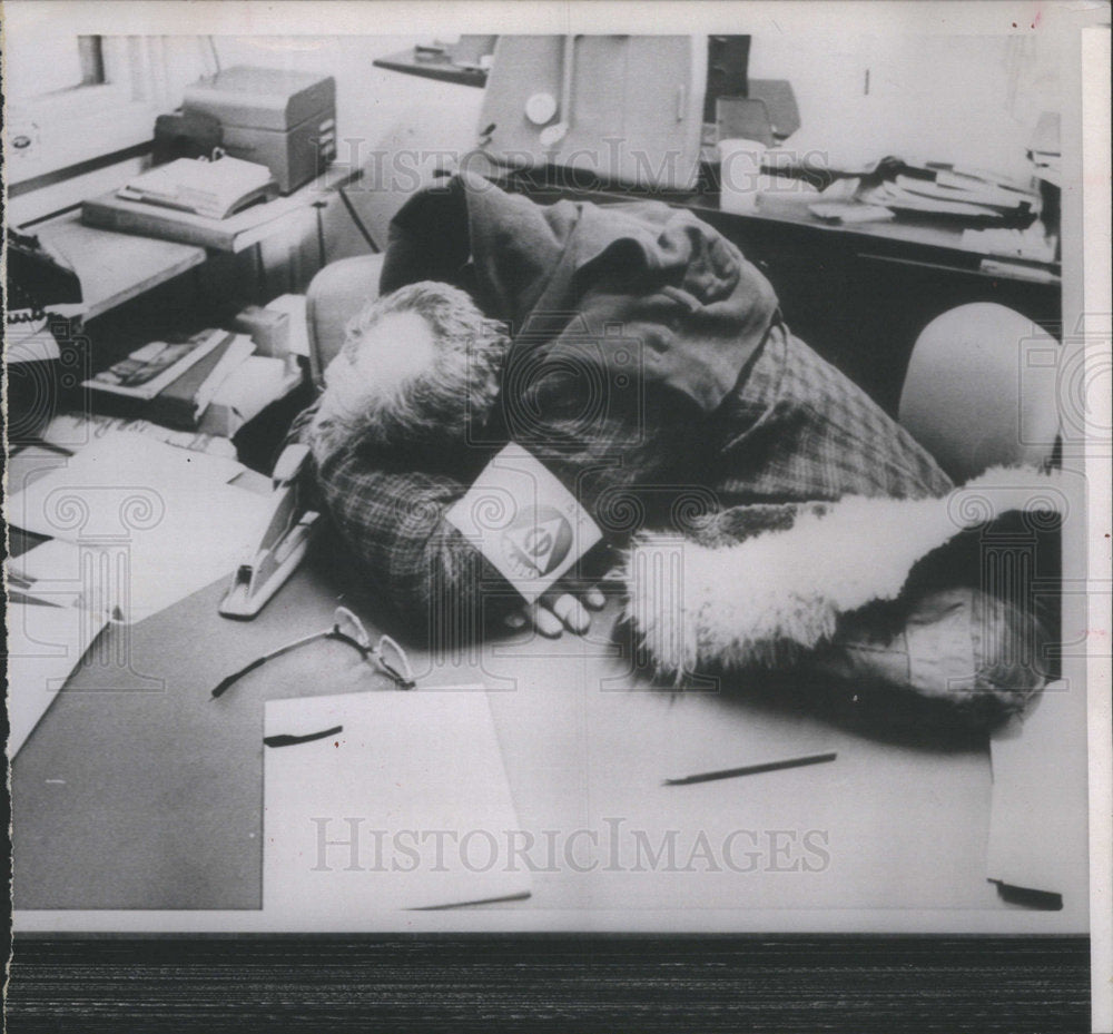 1964 Weary Rescue Worker Sleeping At Desk Alaska Earthquake - Historic Images