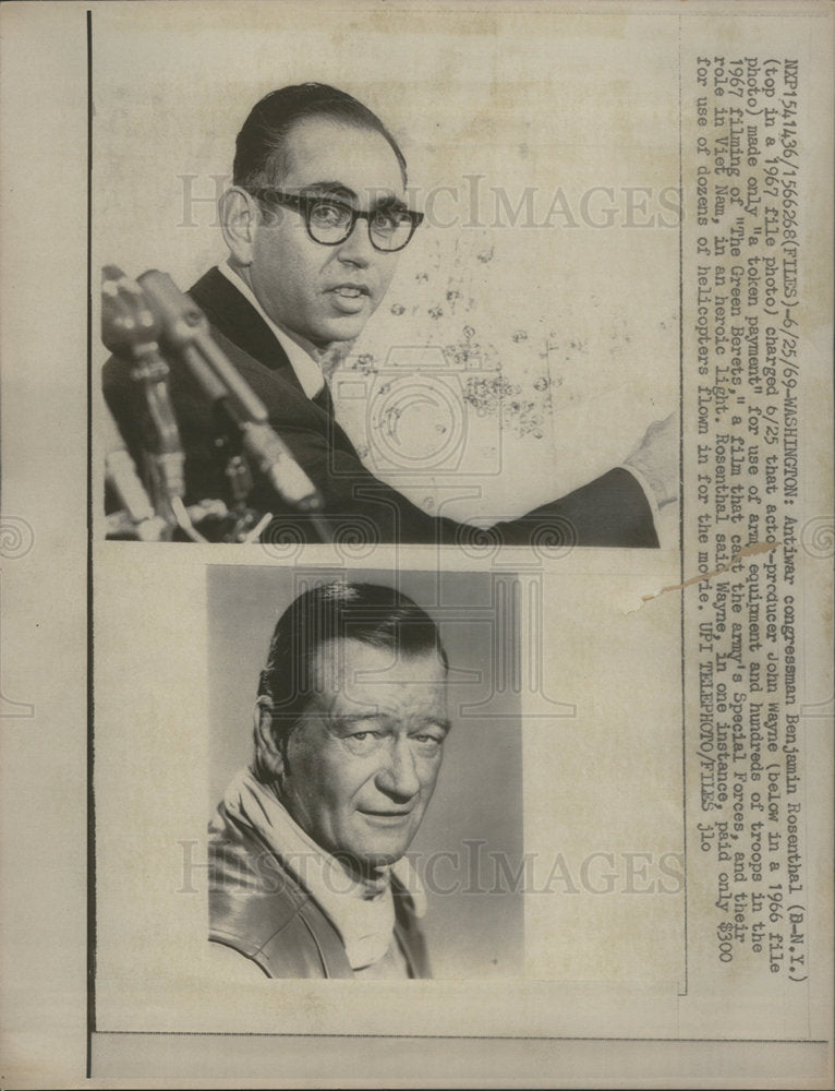 1969 Press Photo Antiwar Congressman Benjamin Rosenthal and Actor John Wayne. - Historic Images