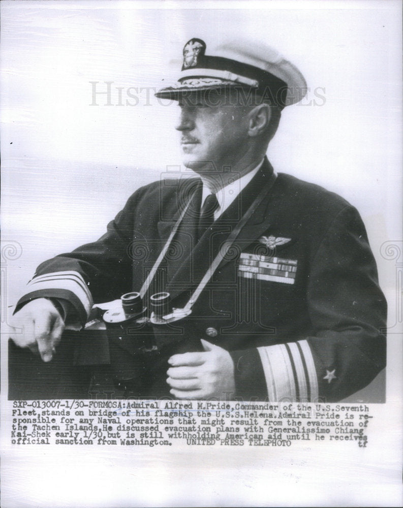 1955 Press Photo Alfred Pride Commander Stands On Bridge Of Flagship USS Helena - Historic Images