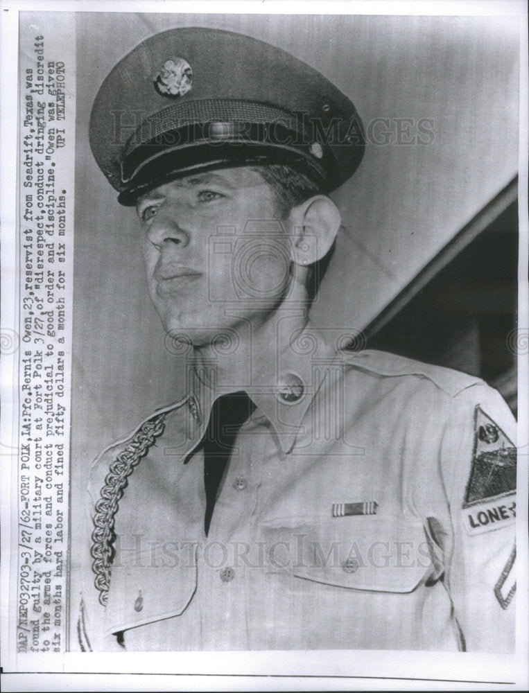 1962 Press Photo PFC Owen Found Guilty Ft Polk Of Disrespect and Discredit - Historic Images