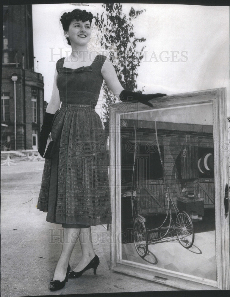 1957 Press Photo Diana Pallasch Modeling a Ruby Red Sheath Cocktail Dress - Historic Images