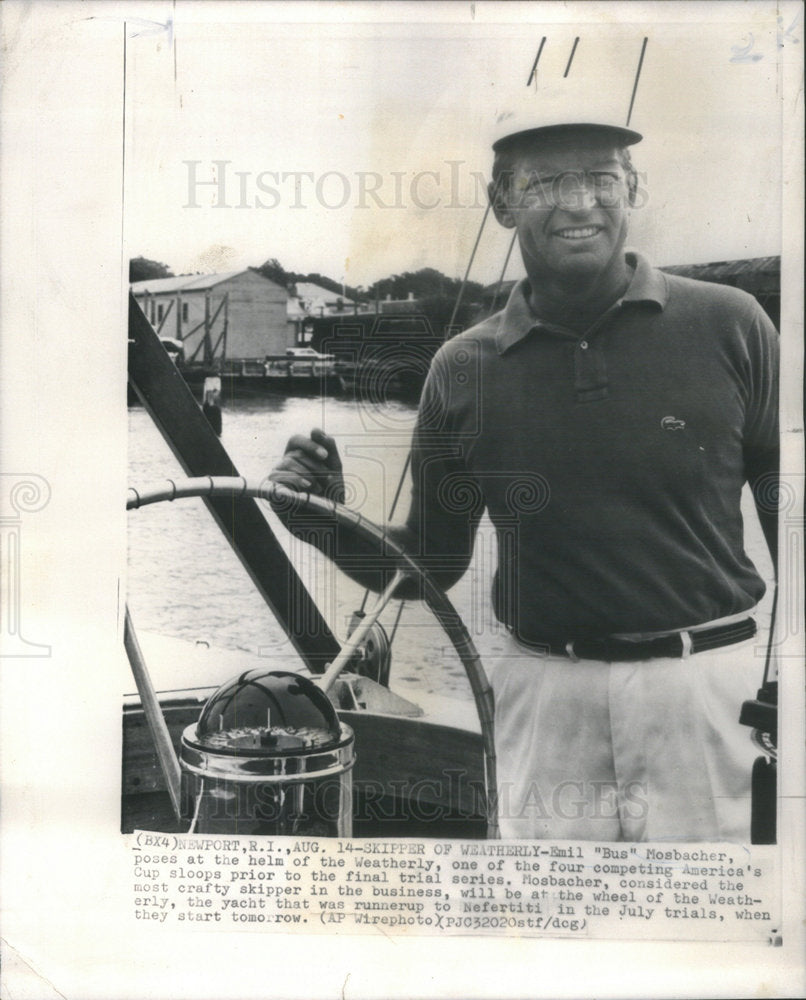Press Photo Emil "Bus" Mosbacker At Helm At America's Cup Trial - Historic Images