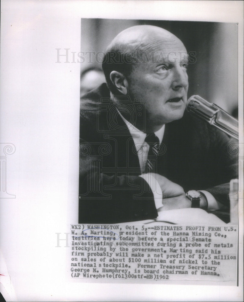 1962 Press Photo W.A. Marting president of Hanna Mining Co. testifies before special Senate subcommi - Historic Images