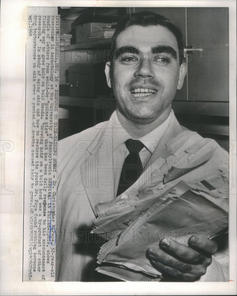 1964 Dr Christopher Papa after announcing way to grow hair on bald heads - Historic Images