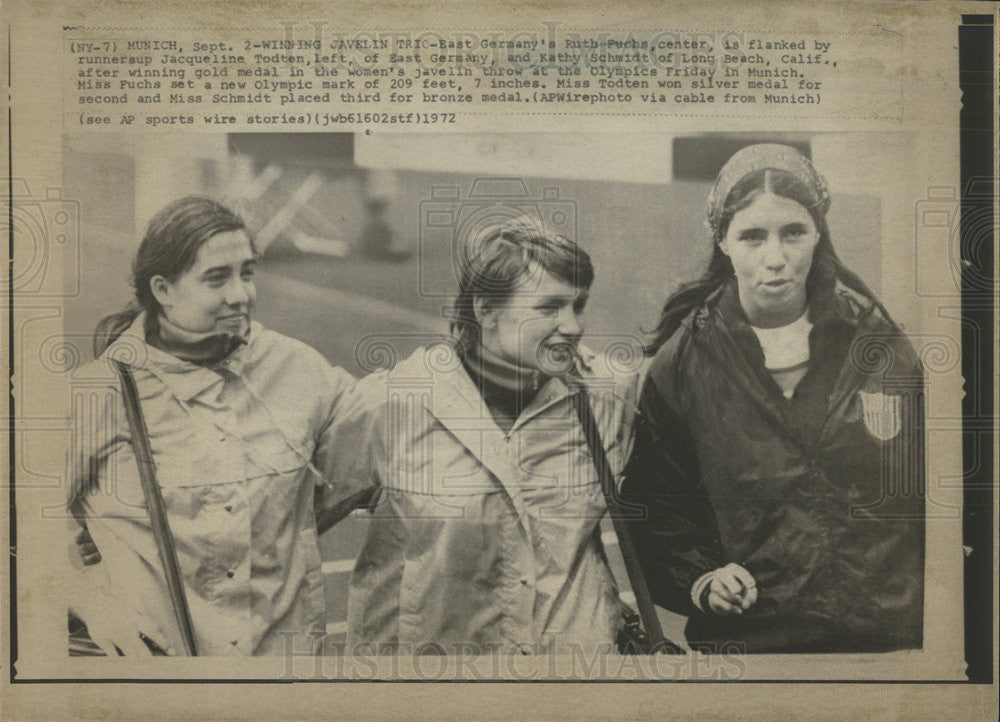 1972 Press Photo Javelin Throwers Ruth Fuchs, Jacqueline Todten &amp; Kathy Schmidt - Historic Images