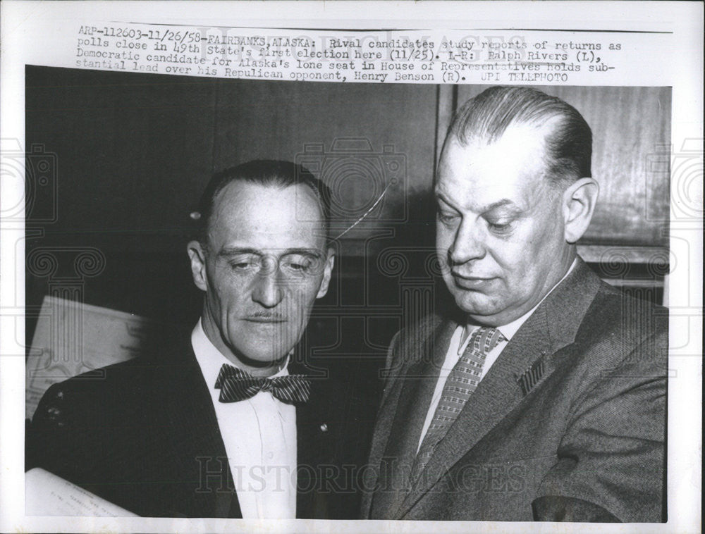 1958 Press Photo Ralph Rivers/Henry Benson/1st Election/Congress/Alaska - Historic Images