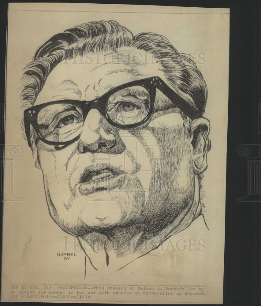 1979 Press Photo Drawing of Neslon Rockefeller by Jim Hummel. - Historic Images