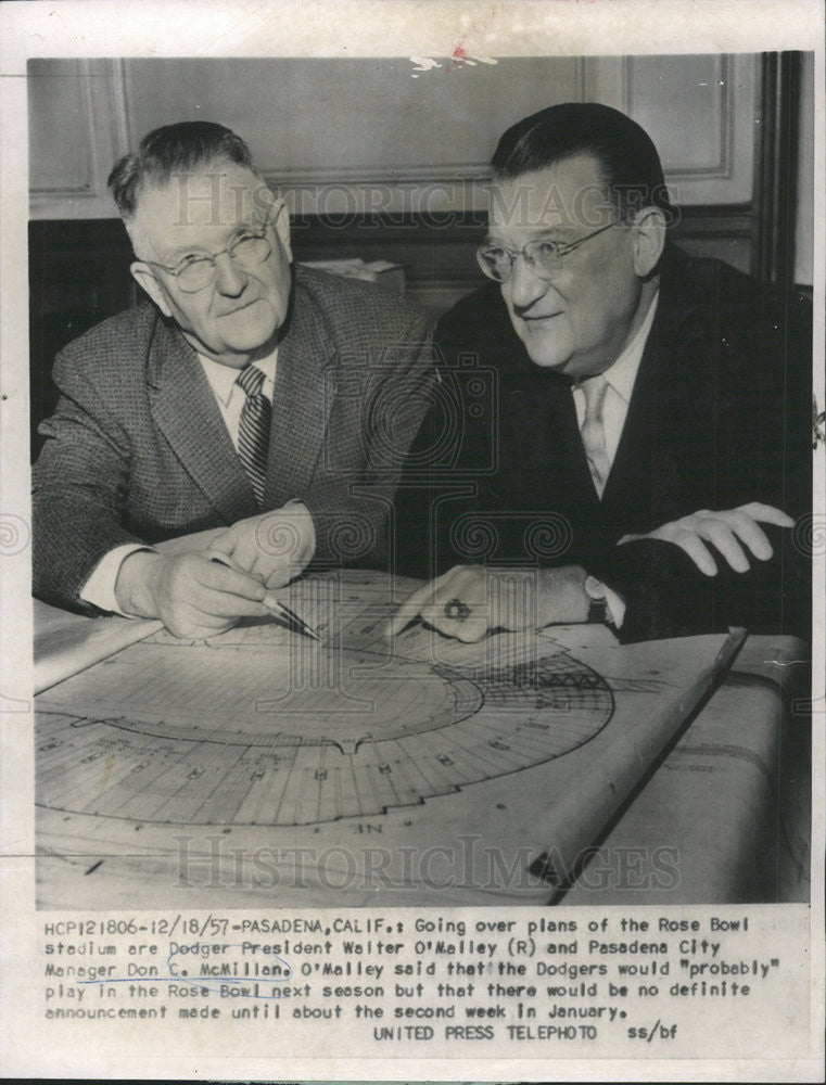 1957 Press Photo Dodger president Walter O&#39;Malley &amp; Don C. McMillan - Historic Images