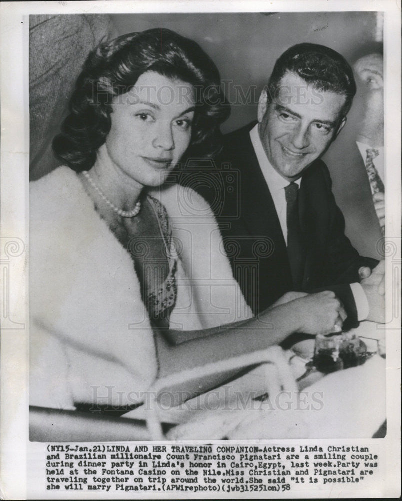 1958 Press Photo Linda Christian Count Pignatari Smiling Couple During Dinner - Historic Images