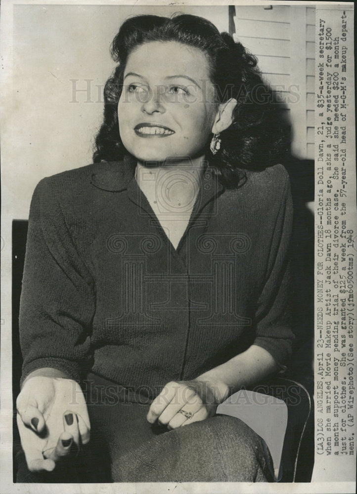 1948 Press Photo Gloria Doll Dawn, Divorced From M-G-M Makeup Artist Jack Dawn - Historic Images