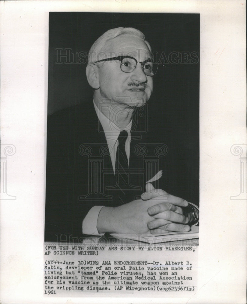 1961 Press Photo Dr. Albert B. Sabin Developer of the Oral Polio Vaccine - Historic Images