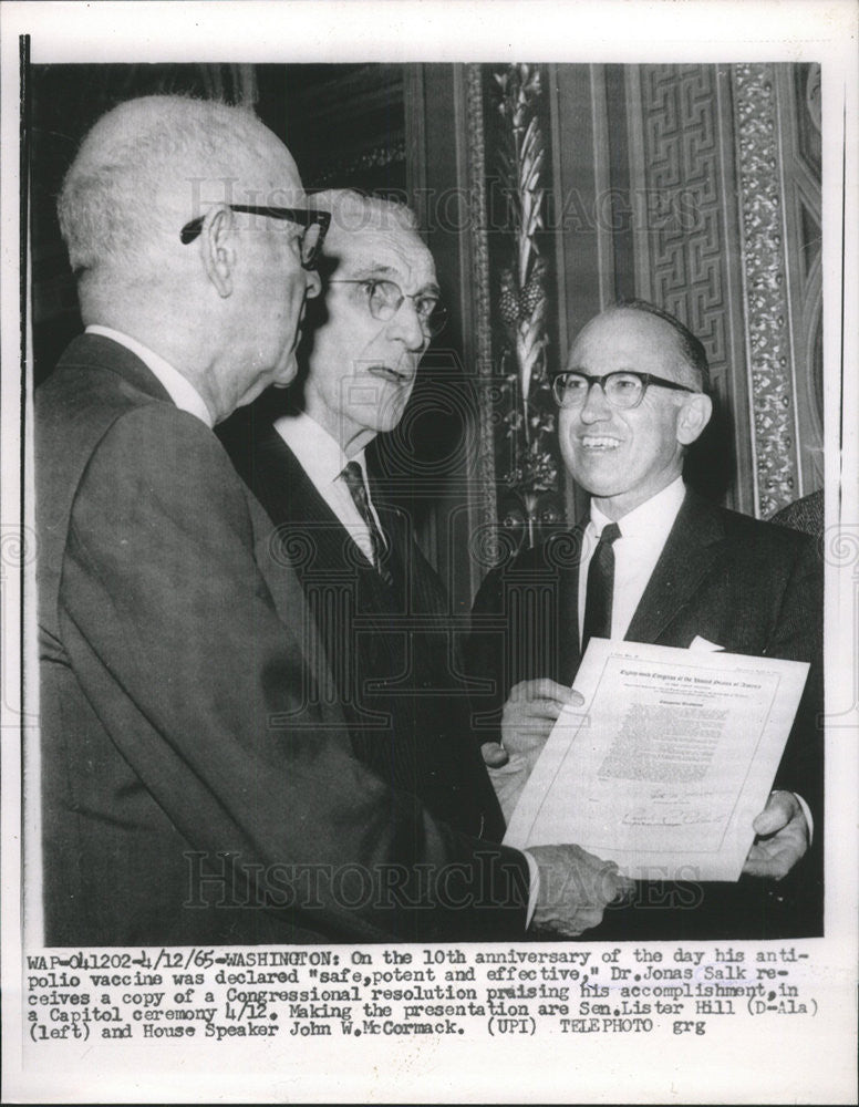 1965 Press Photo Dr. Jonas E. Salk with Sen. Lister Hill  HouseSpeaker John W. McCormack - Historic Images