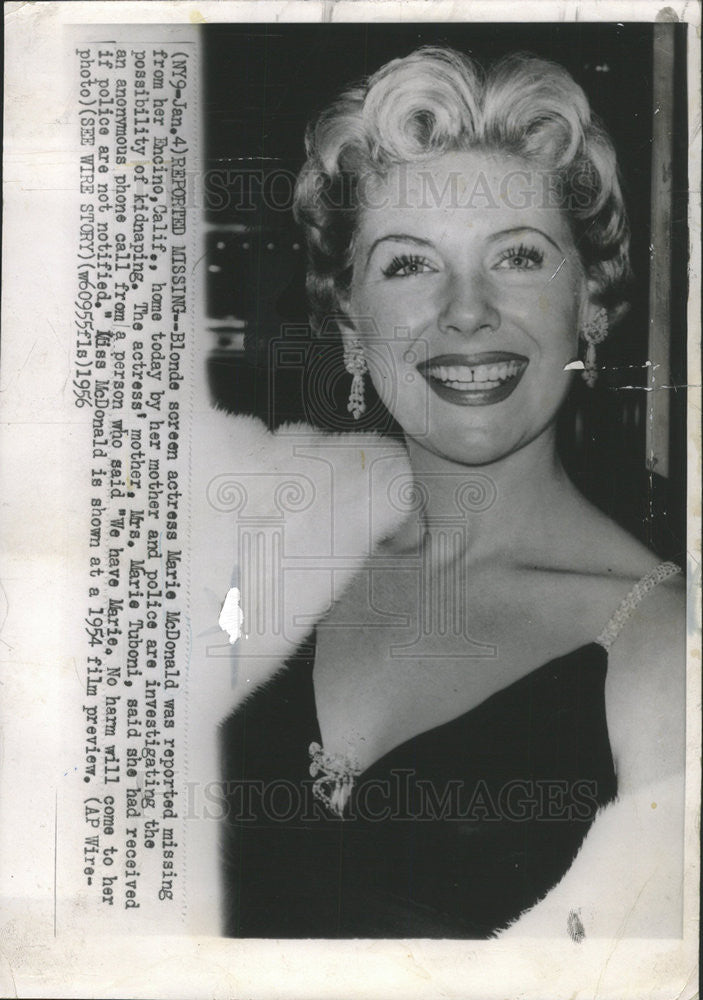 1956 Press Photo Marie McDonald , actress kidnapped - Historic Images