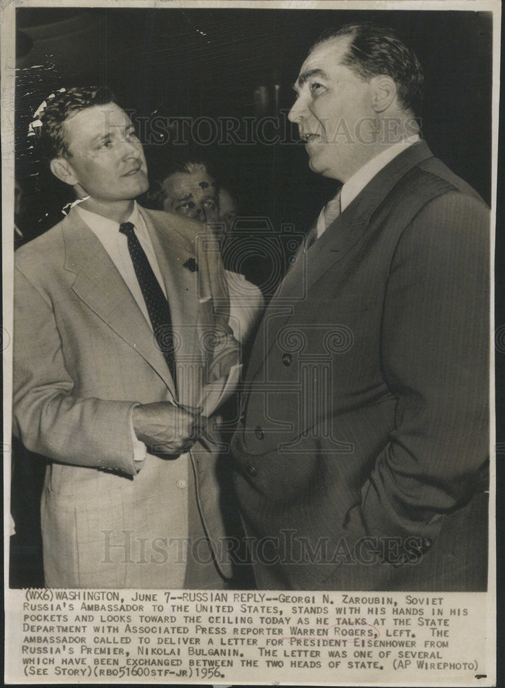 1956 Press Photo Georgi Zaroubin Russia Ambassador Warren Rogers Reporter - Historic Images