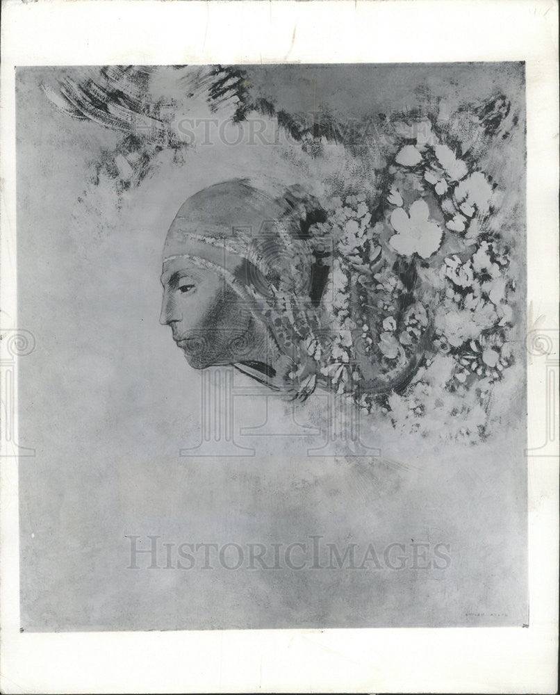 1962 Press Photo Redon&#39;s Moody &quot;Head with Flowers&quot; in Art Institute Exhibit - Historic Images