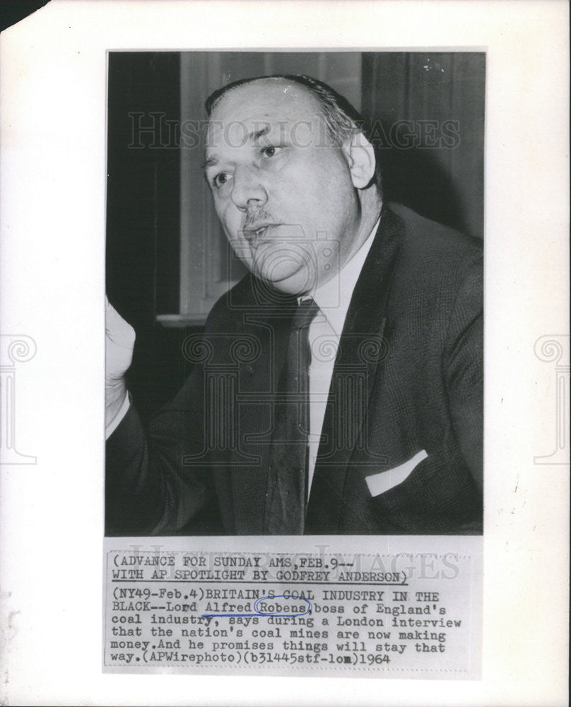 1964 Press Photo LORD ALFRED ROBENS BOSS ENGLAND&#39;S COAL INDUSTRY - Historic Images