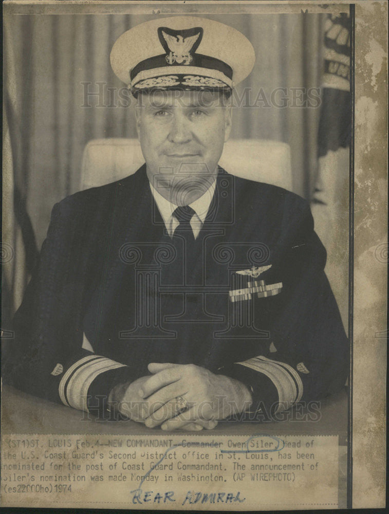 1974 Press Photo REAR ADMIRAL OWEN SILER COMMANDANT U.S. COAST GUARD - Historic Images