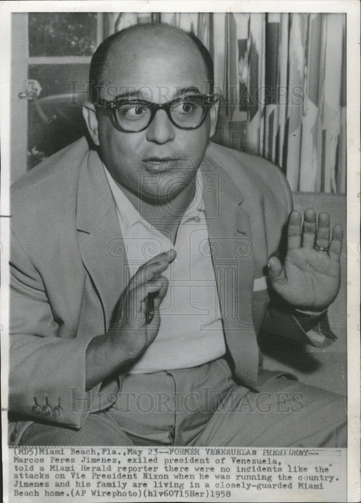 1958 Press Photo Marcos Perez Jimenez Former Venezuelan President - Historic Images