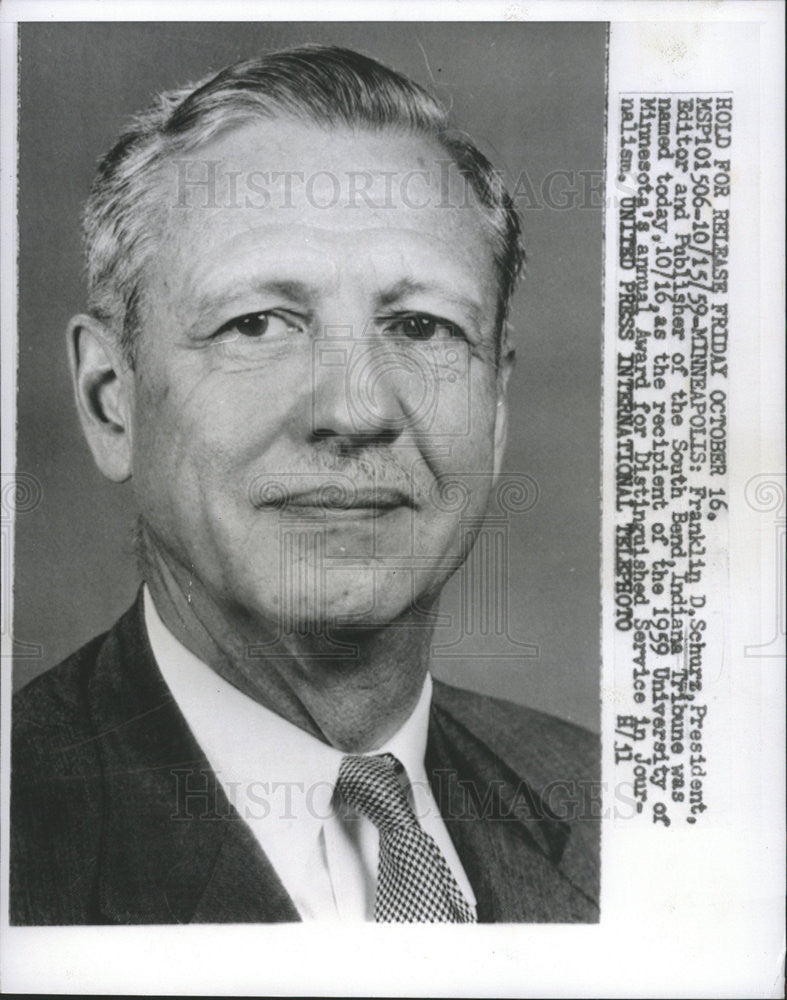 1959 Press Photo Franklin D Schruz South Bend President Editor - Historic Images