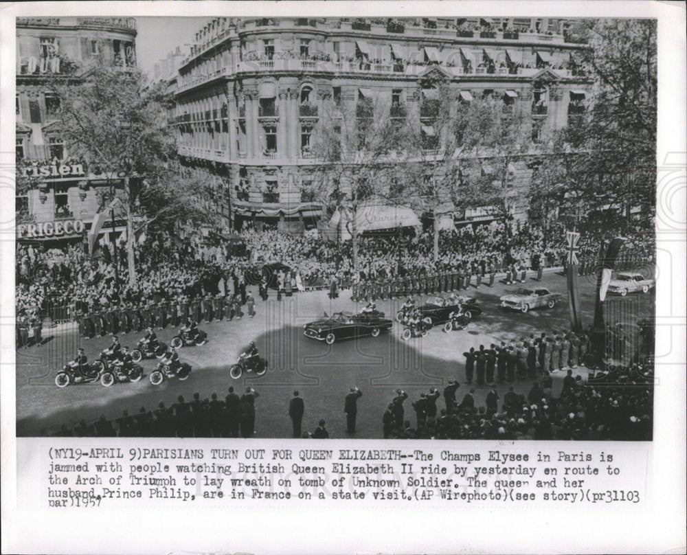 1957 Press Photo Queen Elizabeth II/Prince Philip/Paris/Tomb Unknown Soldier - Historic Images