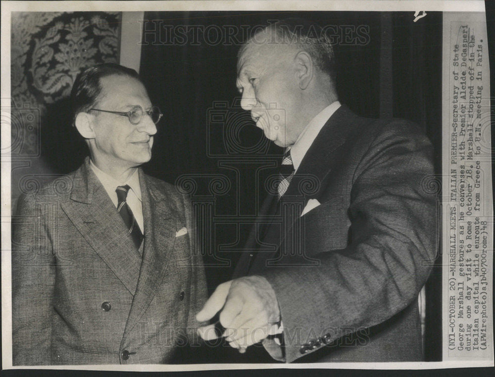 1948 Press Photo Sec of State George Marshall &amp; Premier Alcide Degasperi - Historic Images