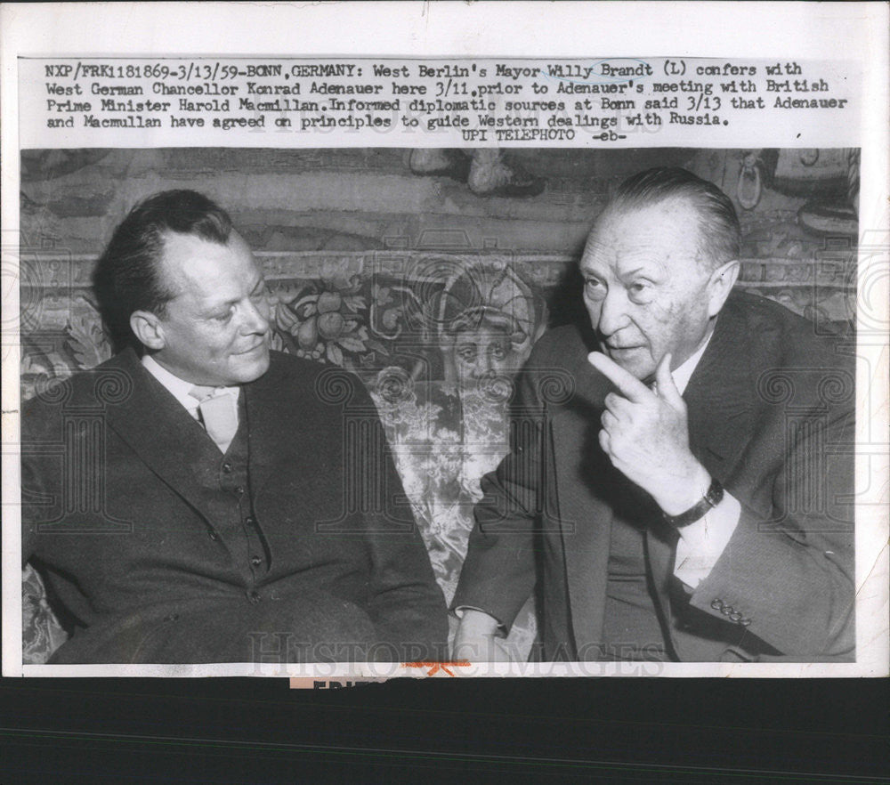 1959 Press Photo West Berlin&#39;s Mayor Willy Brandt &amp; Chancellor Konrad Adenauer - Historic Images