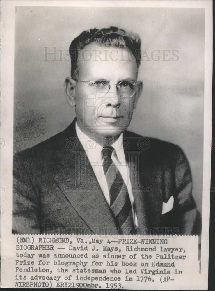 1953 Press Photo DAVID J. MAYS RICHMOND LAWYER PULITZER PRIZE BIOGRAPHY - Historic Images