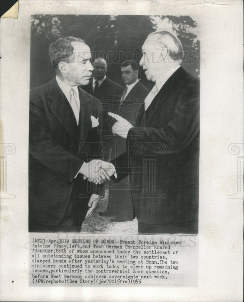 1955 Press Photo Antoine Pinay French Foreign Minister Konrad Adenauer Germany - Historic Images