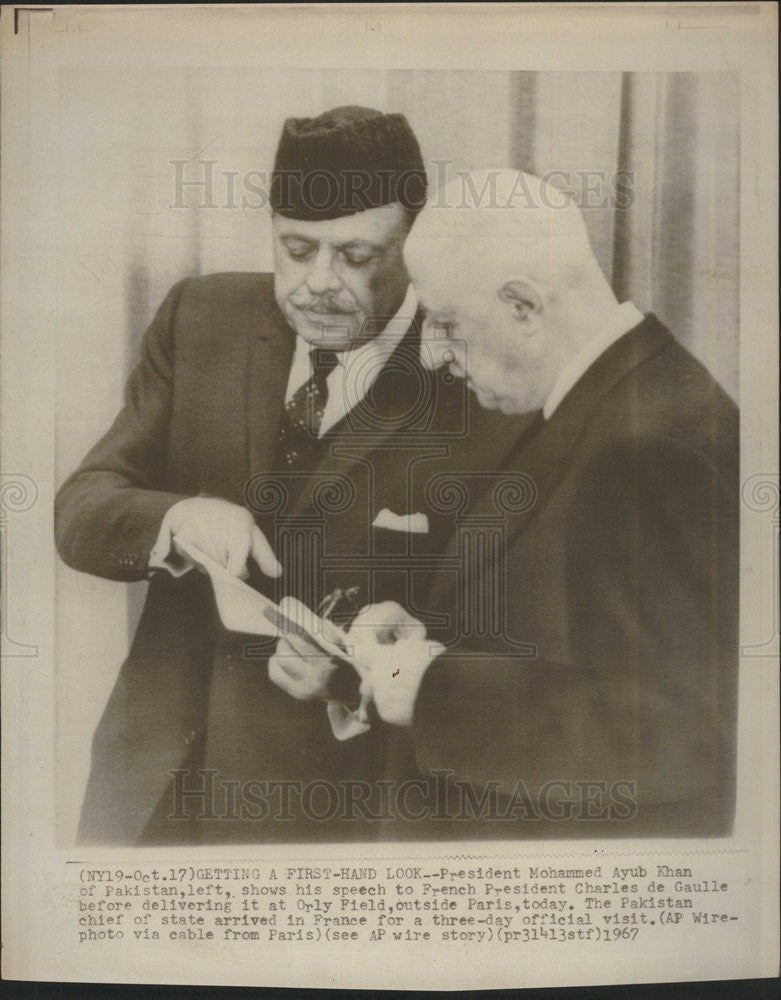 1967 Press Photo Pres. Mohammed Ayub Khan of Pakistan Charles de Gaulle - Historic Images