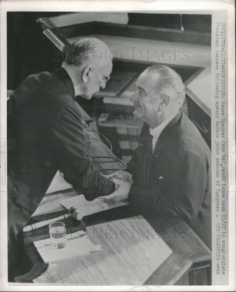 1963 Press Photo House Speaker John McCormack  &amp; President Johnson - Historic Images