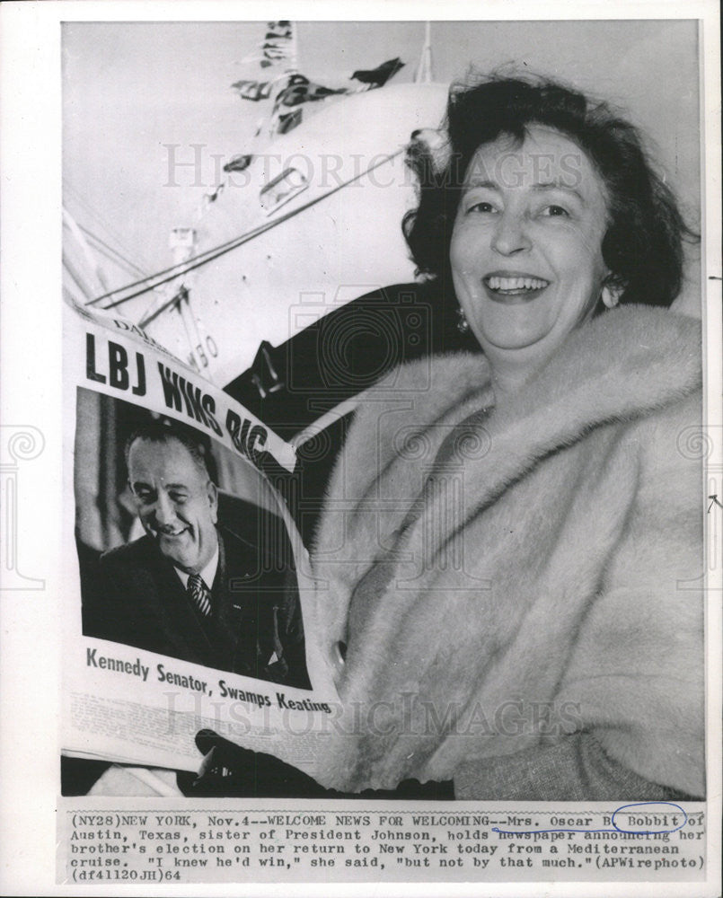 1964 Press Photo Mrs. Oscar B. Bobbit, Sister Of President Johnson - Historic Images