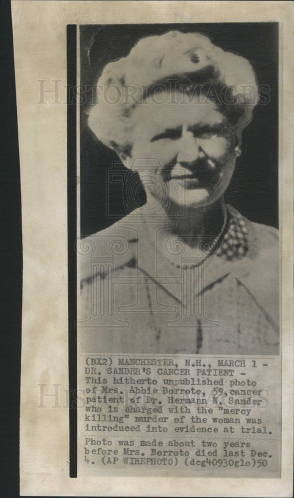 1950 Press Photo Mrs. Abbie Borroto, cancer patient of Dr. Hermann H. Sander. - Historic Images