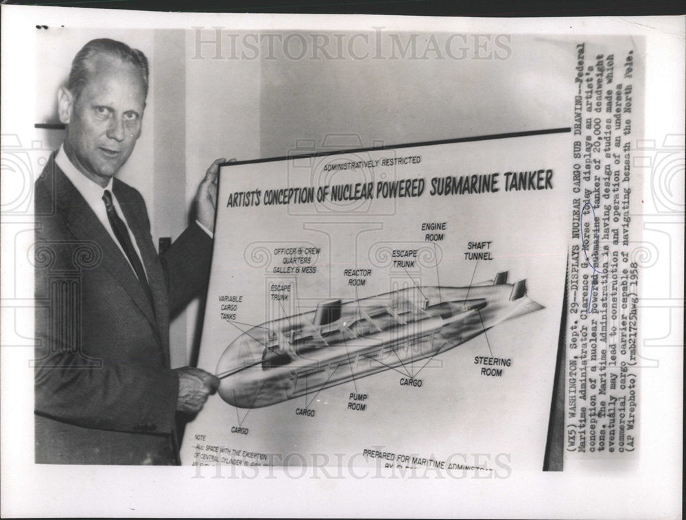 1958 Press Photo FEDERAL MARITIME ADMINISTRATOR CLARENCE G. MORSE SUBMARINE - Historic Images