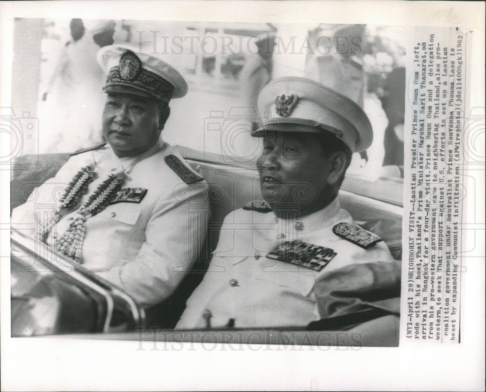 1962 Press Photo BOUN OUM LAOTIAN PREMIER PRINCE MARSHAL SARIT THANARAT - Historic Images